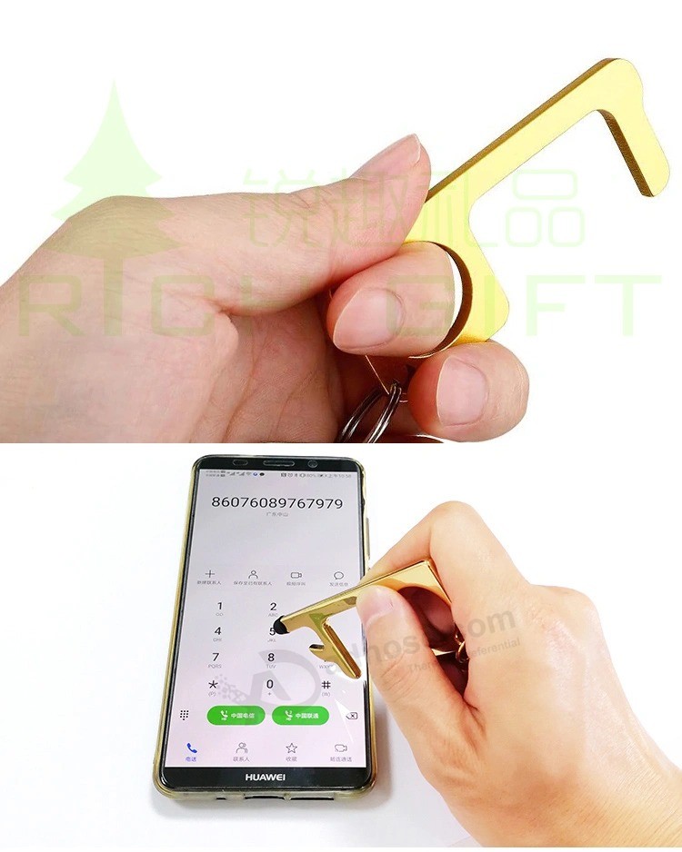 Anti Virus No Touch Key Zero Touchless Contactless Germ Free Hygiene Copper Hand Keychain Antimicrobial Brass EDC Non-Contact Stylus Keychain Door Opener Hook