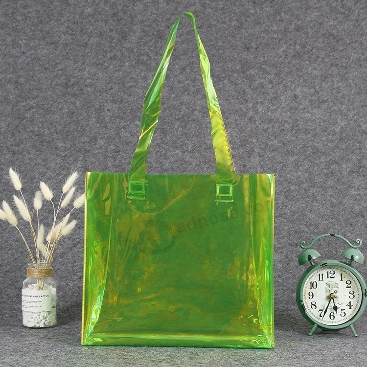 Fábrica al por mayor de plástico PVC Tote Bag color Tote Shopping Bag láser Ropa regalo Bolsa de embalaje Impresión