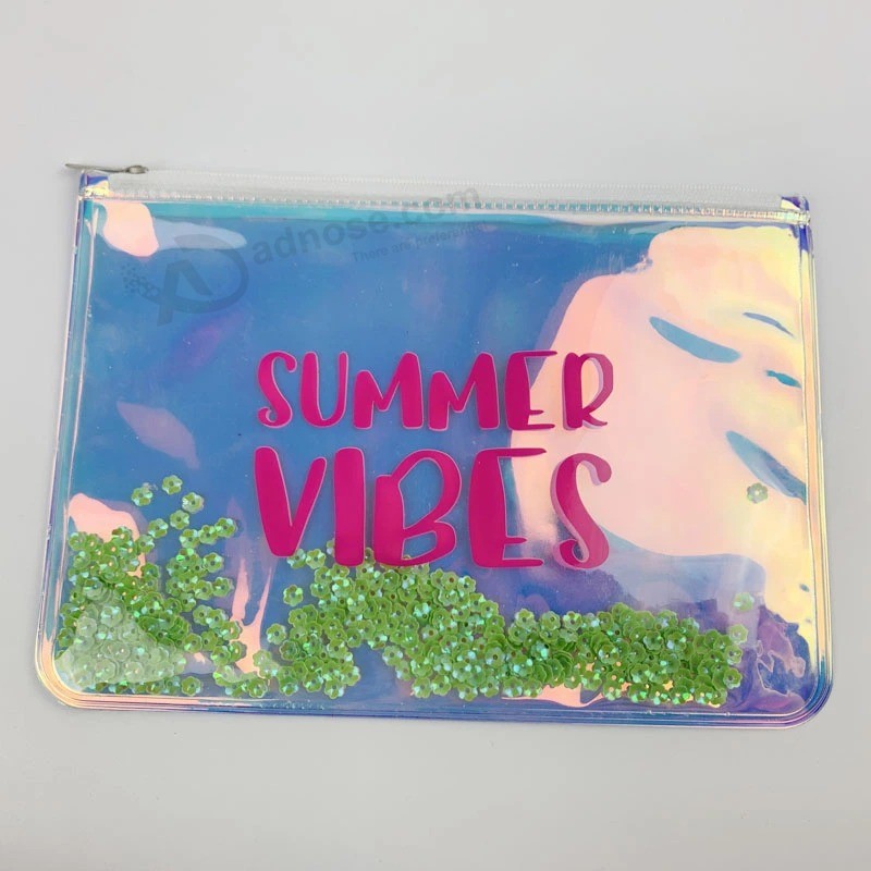 Bolsa de cosméticos holográfica de moda, portátil em PVC com zíper de viagem pequena bolsa de maquiagem feminina