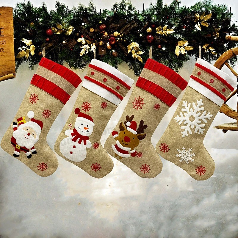 Xmas Party Decorations Children Christmas Candy Gift Bag Large Embroidered Burlap Christmas Stocking Gift