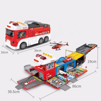 brandbestrijdingsspeelgoed mini-parkeerplaats politiebureau legeringsvliegtuig en auto's speelgoedopslagwagen met licht- en geluidseffect