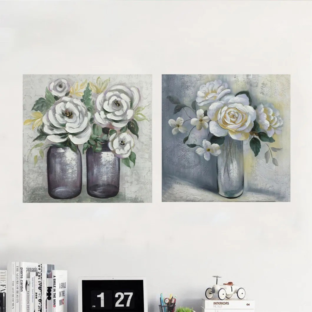 Flor moderna com vaso, pintura a óleo feita à mão, fotos, arte pop, pintura, arte, parede, decoração