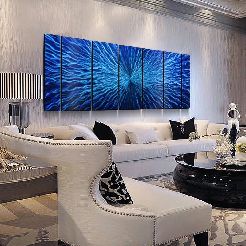 Pinturas al óleo de metal abstracto azul 3D Decoración de artes de pared interior moderna 100% hecho a mano