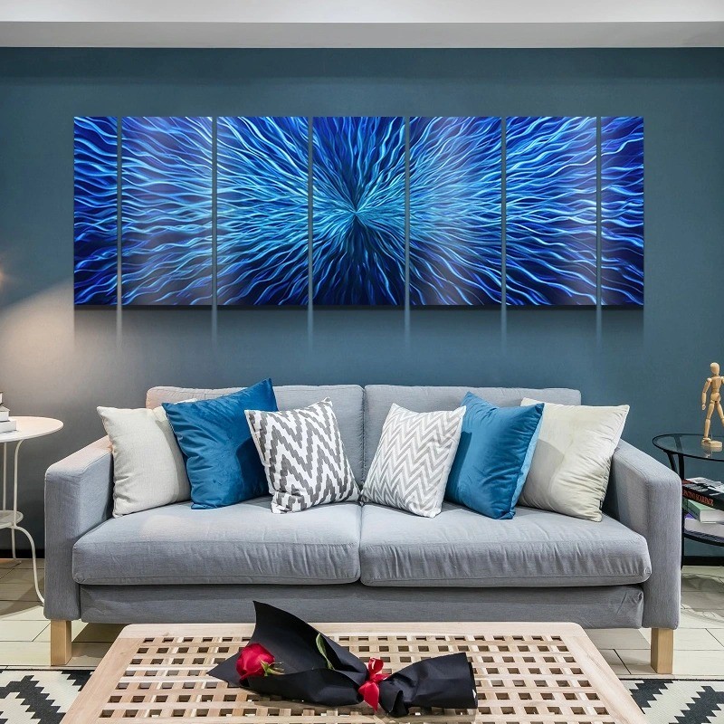 蓝色3D抽象金属油画现代室内墙壁艺术装饰100％手工制作