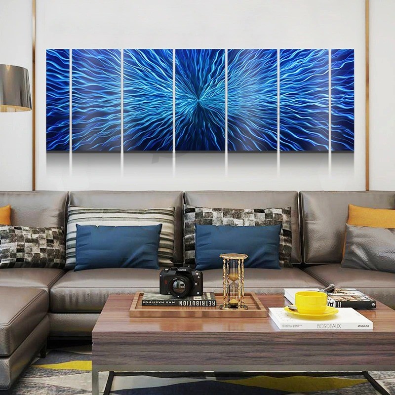 蓝色3D抽象金属油画现代室内墙壁艺术装饰100％手工制作