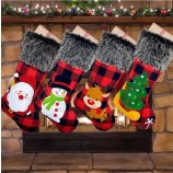 Red black  large plaid with burlap christmas stocking  plush faux Fur cuff  christmas sock gifts for xmas party decorations