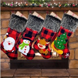 Red Black  Large Plaid with Burlap Christmas Stocking  Plush Faux Fur Cuff  Christmas Sock Gifts for Xmas Party Decorations