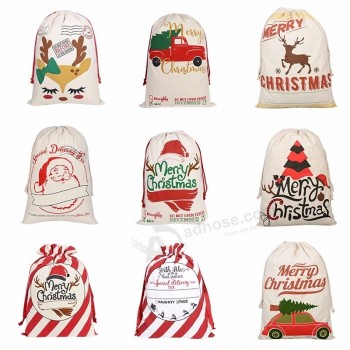 Eco Promotional Custom Logo Printed Christmas Canvas Cotton Drawstring Bags for Gifting