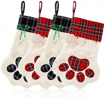 Personalized Cat Dog Pets Stockings Christmas Large Plaid Dogs Paw Hanging Christmas  Decorations Stocking