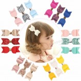 New product Spring pink sparkle hair accessories set glitter hair clips gift set with mini leather hair bow for baby girl