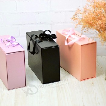 Custom Black Red White Paper Foldable Collapsible Magnetic Hair Extension Wig Gift Box With Silk Ribbon