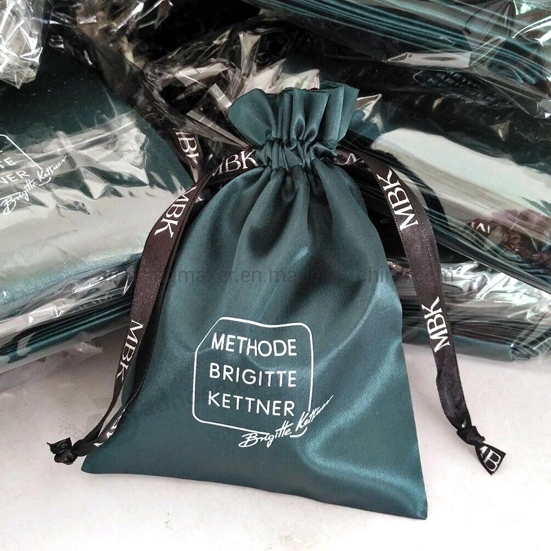 Luxurious Dark Green Satin Jewelry Bag with Logo on Ribbon and Pouch