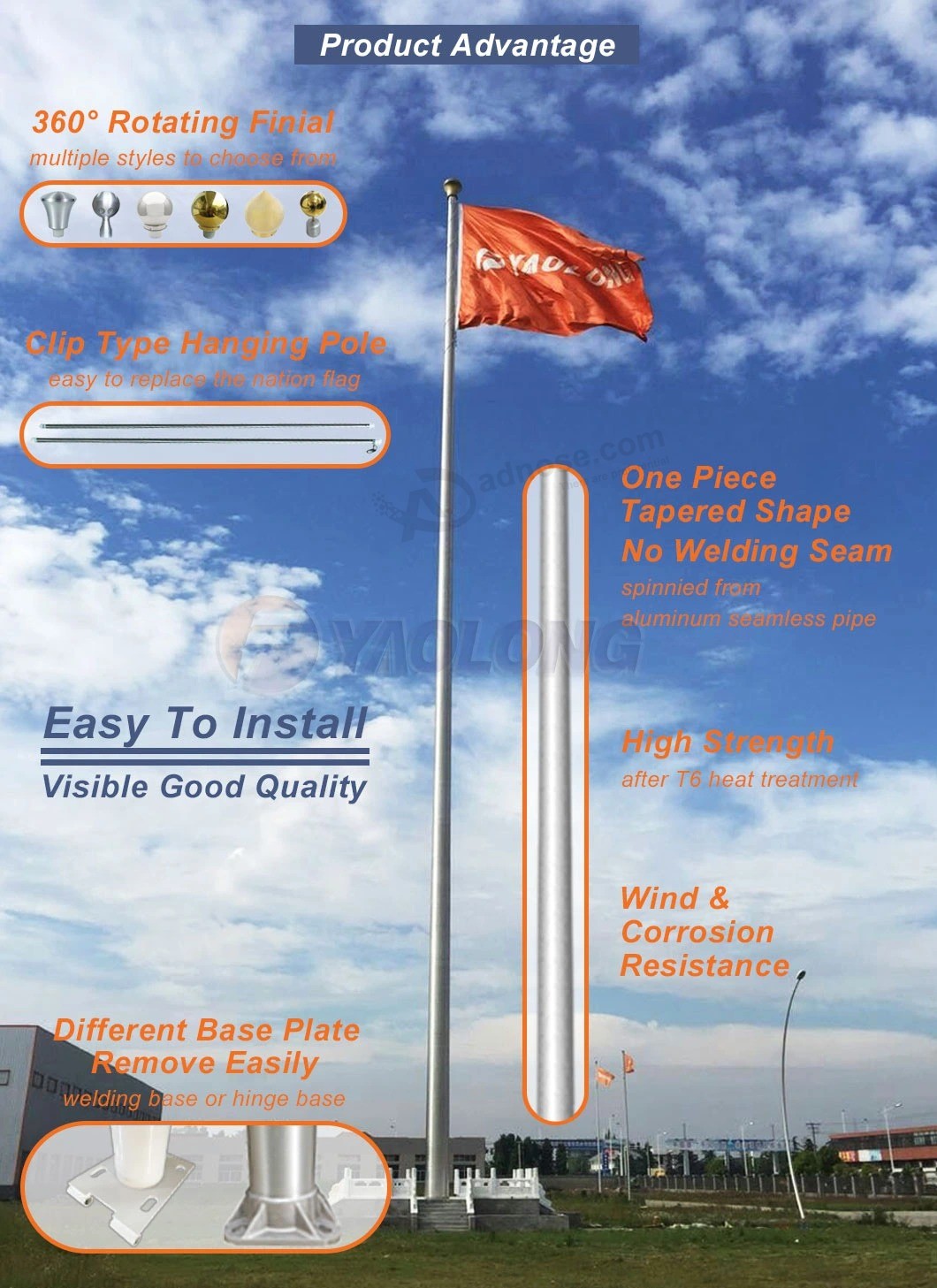 Lightweight Aluminum Flag Pole with Internal Halyard for Olympic Village