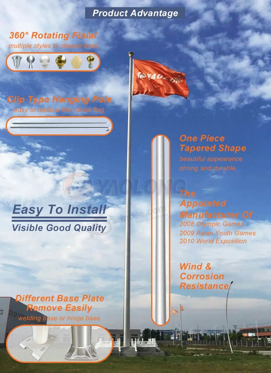 Custom 304L Stainless Steel Flagpole with Special Design for Youth Olympic Games