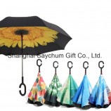 Custom Logo Reverse Umbrellas Folding Double Layer Inverted C Hand Holder Stand Umbrella