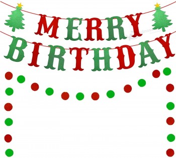Merry Birthday Banner, Red & Green Glittery Christmas Birthday Banner Christmas Happy Birthday Banner for Christmas