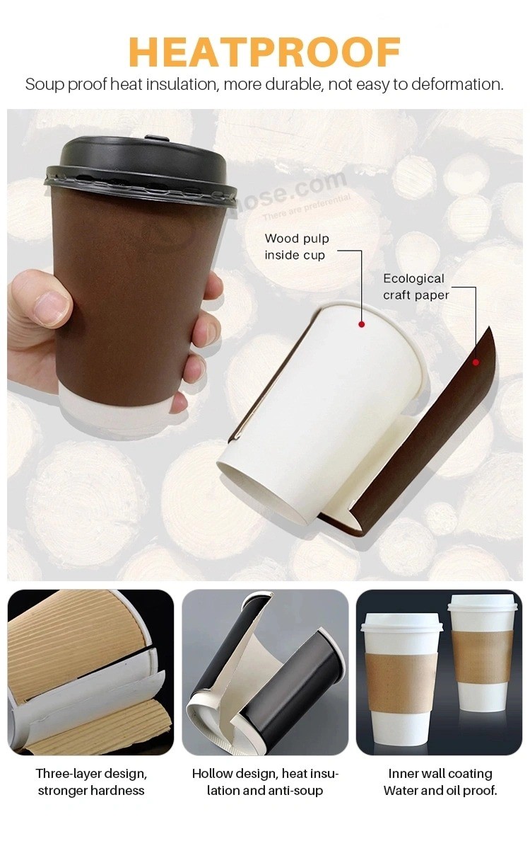 OEM Custom Logo High Quality Disposable Biodegradable 8 Oz Double Wall Paper Coffee Cups with Lids