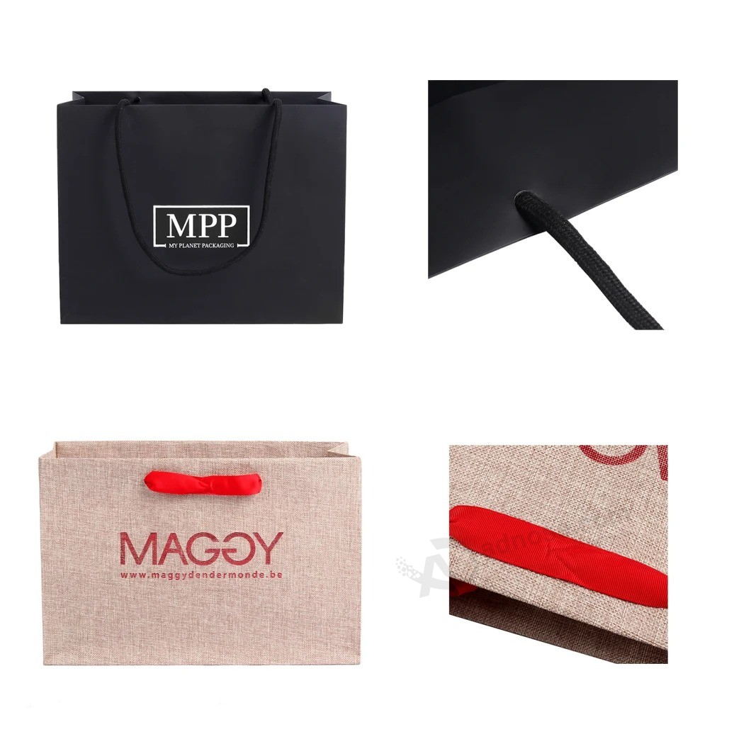 Custom Logo Printing Luxury Gift Packaging Tote Fashion Machine Ribbon Eco Shopping Paper Gift Bags