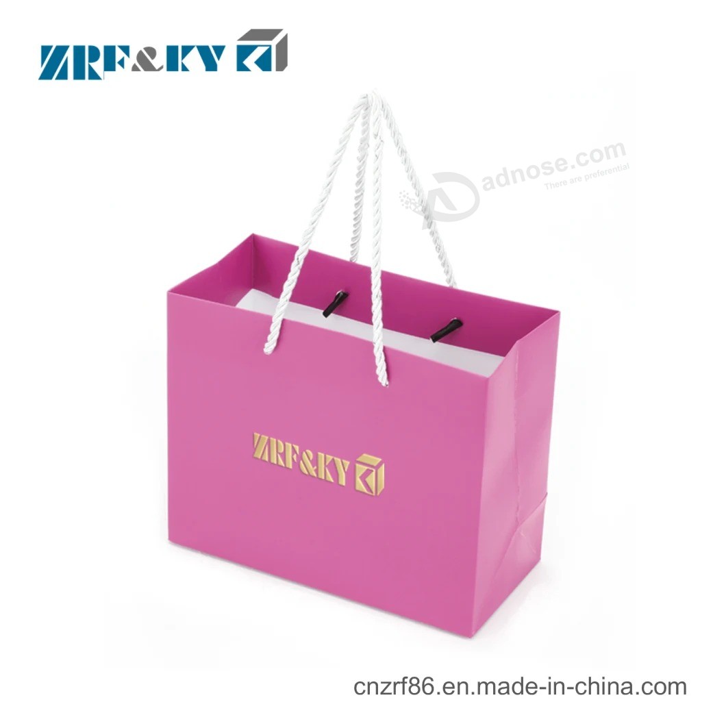 Custom Full Printing Pink Color Printed Hot Foil Stamping Logo Paper Shopping Gift Bags