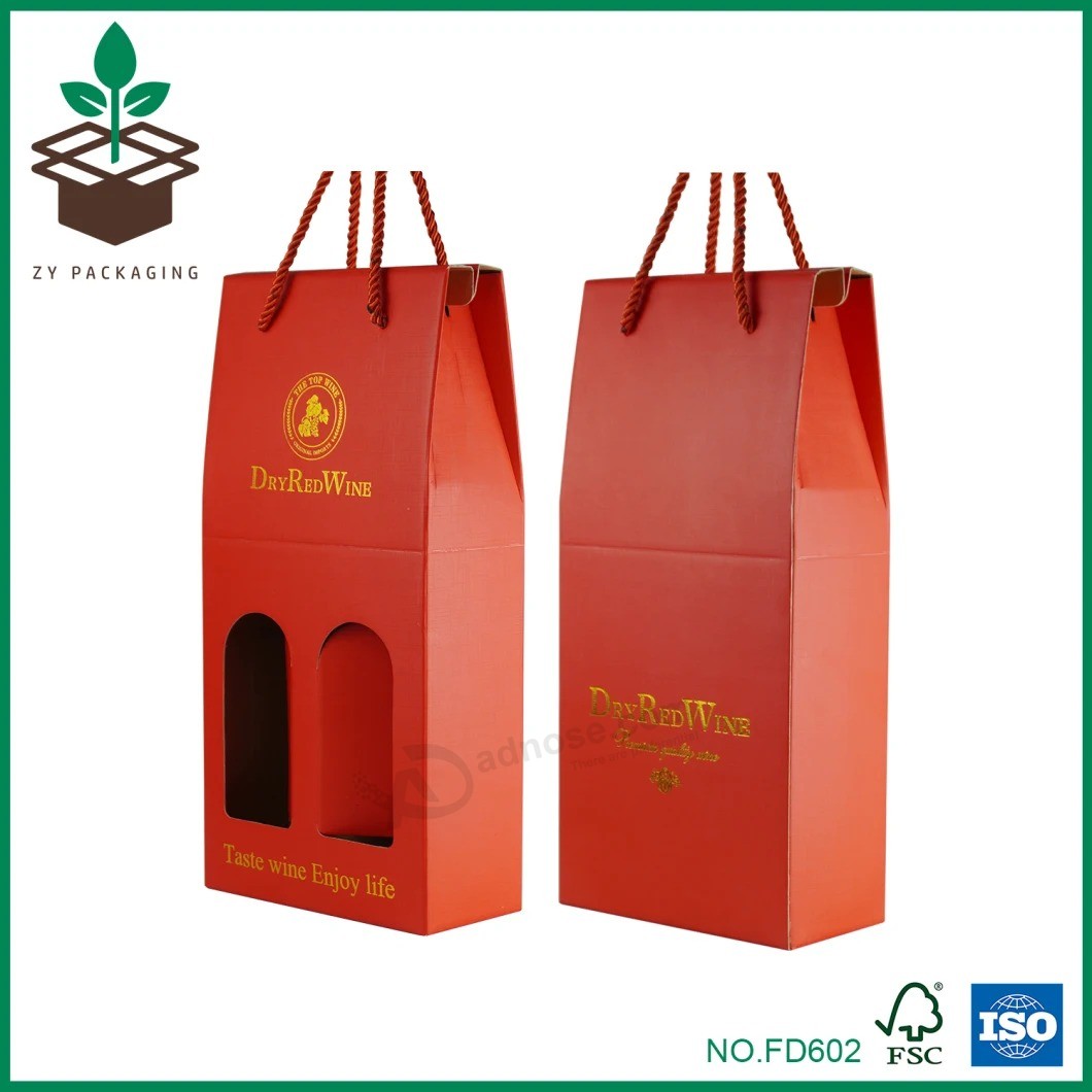 Red Corrugated Carton Paper Gift Storage Packaging Box with Hot Stamping for Two Bottles, Twin Packs