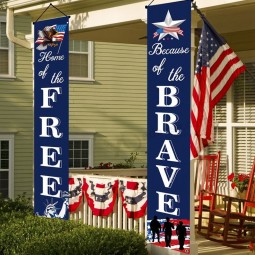 American Flag Patriotic Soldier Porch Sign Banners -“HOME of the FREE” and “Because of the BRAVE”- Hanging Banner for 4th of July Decor