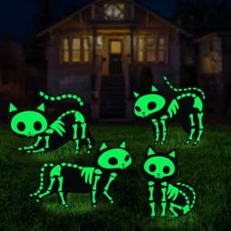 Halloween Decorations Outdoor Yard Signs - 4pcs Glow in the Dark Skeleton Black Cat Silhouette Lawn Signs with Stakes for Halloween