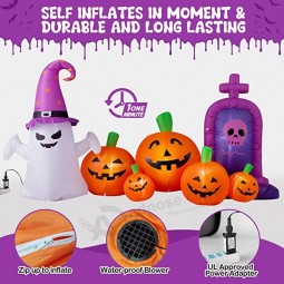 ハロウィーンインフレータブルデコレーションアウトドア-ゴーストとスカルの墓石とカボチャコンボ怖い爆破ヤードデコレーション内蔵LED