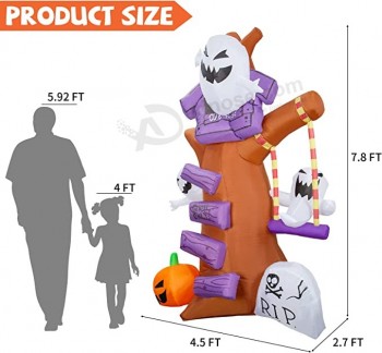 8 FT Height Halloween Inflatables Outdoor Ghost Tree with Ghost Pumpkin & Tombstone, Blow Up Yard Decoration Clearance with LED Lights