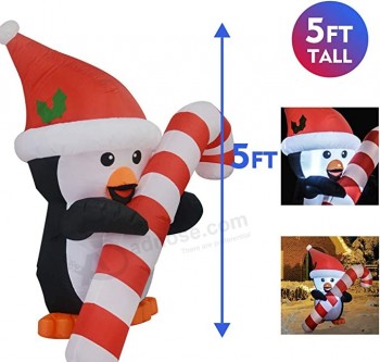 5 FT Height Christmas Inflatables Outdoor Penguin with Cane, Blow Up Yard Decoration Clearance with LED Lights Built-in for Holiday/Christmas