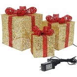 10”-8”-6” Set of 3 Christmas Lighted Gift Boxes with Plug for Christmas Decor, Weddings Yard Home Holiday Art Decorations (Gold)