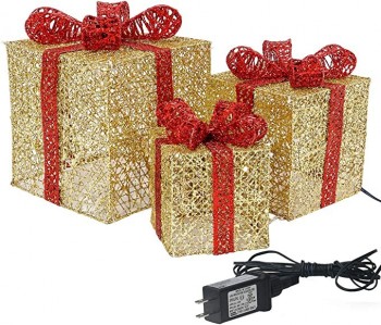 10”-8”-6” Set of 3 Christmas Lighted Gift Boxes with Plug for Christmas Decor, Weddings Yard Home Holiday Art Decorations (Gold)