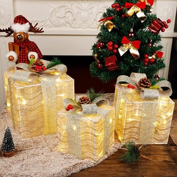 Set of 3 Lighted Gift Boxes Christmas Decorations, Silver Bow Pre-lit Present Boxes, Christmas Home Gift Box Decorations