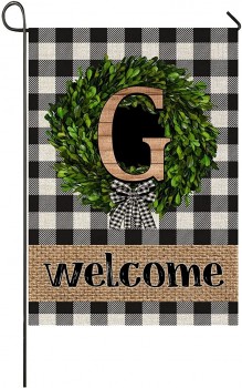 Welcome Garden Flag G Initial Letter Wreath Custom Last Name Porch Flags Vertical Double Sided Buffalo Plaid Wood Garden Yard Banner
