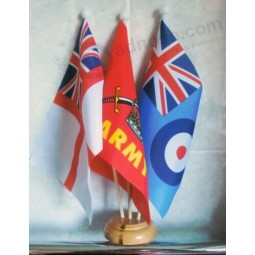 BRITISH ARMED FORCES TABLE FLAG SET 3 flags with 3 hole wooden base MILITARY