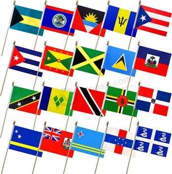 Caribbean 20 Countries Flags on Wood Stick Small Mini Hand Held Flag,5x8 Inch,20 Pack