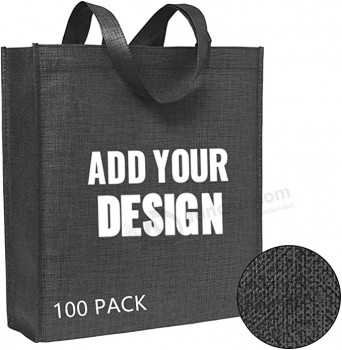 100 PCS Custom Print Stylish Pattern Non-woven Tote bag Reusable Waterproof Grocery Shopping Bag, Large & Durable-Black