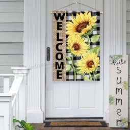 Summer House Flag Sunflower Welcome 28x40 Inch Double Sided Outside Buffalo Check Plaid Burlap Outdoor Yard Large Flags