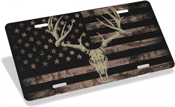American Flag Deer License Plate Car Front Metal Aluminum License Plate Cover with 4 Holes, 6 x 12 Inch