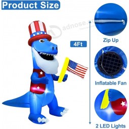 AMENON 4 Ft 4th of July Inflatable Dinosaur Holding American Flag Outdoor Decorations with LED Lights Patriotic Red White and Blue