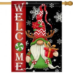 Welcome Christmas Elk Gnome Decorative House Flag, Xmas Gift Snowflakes Poinsettia Candy Garden Yard Outside Decorations