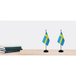 Sweden Flags Swedish Small Mini Desk Flags Set Small Mini Sweden Flags Table Flag with 13" Black Pole, Black Base and Spear Top