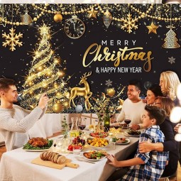 メリークリスマスパーティーの背景クリスマスブラックゴールドバナー背景クリスマスツリー大晦日写真撮影背景クリスマス大晦日パーティー