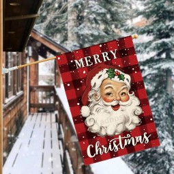 Merry Christmas Santa Claus House Flag 28 x 40 Inch Double Sided, Watercolor Buffalo Plaid Winter Holiday Yard Outdoor Decorative Flag