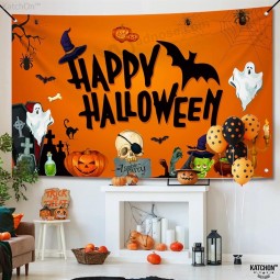 Spooky Happy Halloween Backdrop - XtraLarge, 72x44 Inch | Scary Ghost Happy Halloween Banner for Orange Halloween Party Decorations