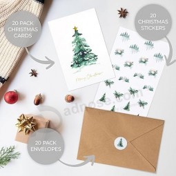 Beautiful Christmas Cards Set of 20 with Watercolor Designs - Incl. Bulk Envelopes, Matching Stickers And Storage Box