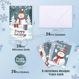 24 PCS Snowman Christmas Cards,Christmas Cards With Envelopes and Stickers,4x6 Inches,6 Different Designs of Snowman Greeting Cards