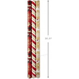 Christmas Wrapping Paper Rolls - Traditional Holiday Gift Wrap Paper (Set of 3 Reversible Rolls: 120 sq. ft. ttl.) Red and Gold Snowflakes