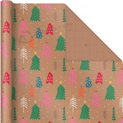 Bright and Bold Christmas Kraft Wrapping Paper with Cut Lines on Reverse (3 Rolls: 90 sq. ft. ttl) Snowflakes, Pink Trees