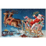 Wamika Merry Christmas Flag 3x5 FT Winter Holiday Vintage Santa Sleigh Deer Flying Snow Village Night Garden Yard House Flags Banner