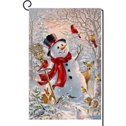 冬の雪だるまガーデンフラッグ12x18垂直両面クリスマス鹿枢機卿の鳥の休日の外の装飾黄麻布の庭の旗